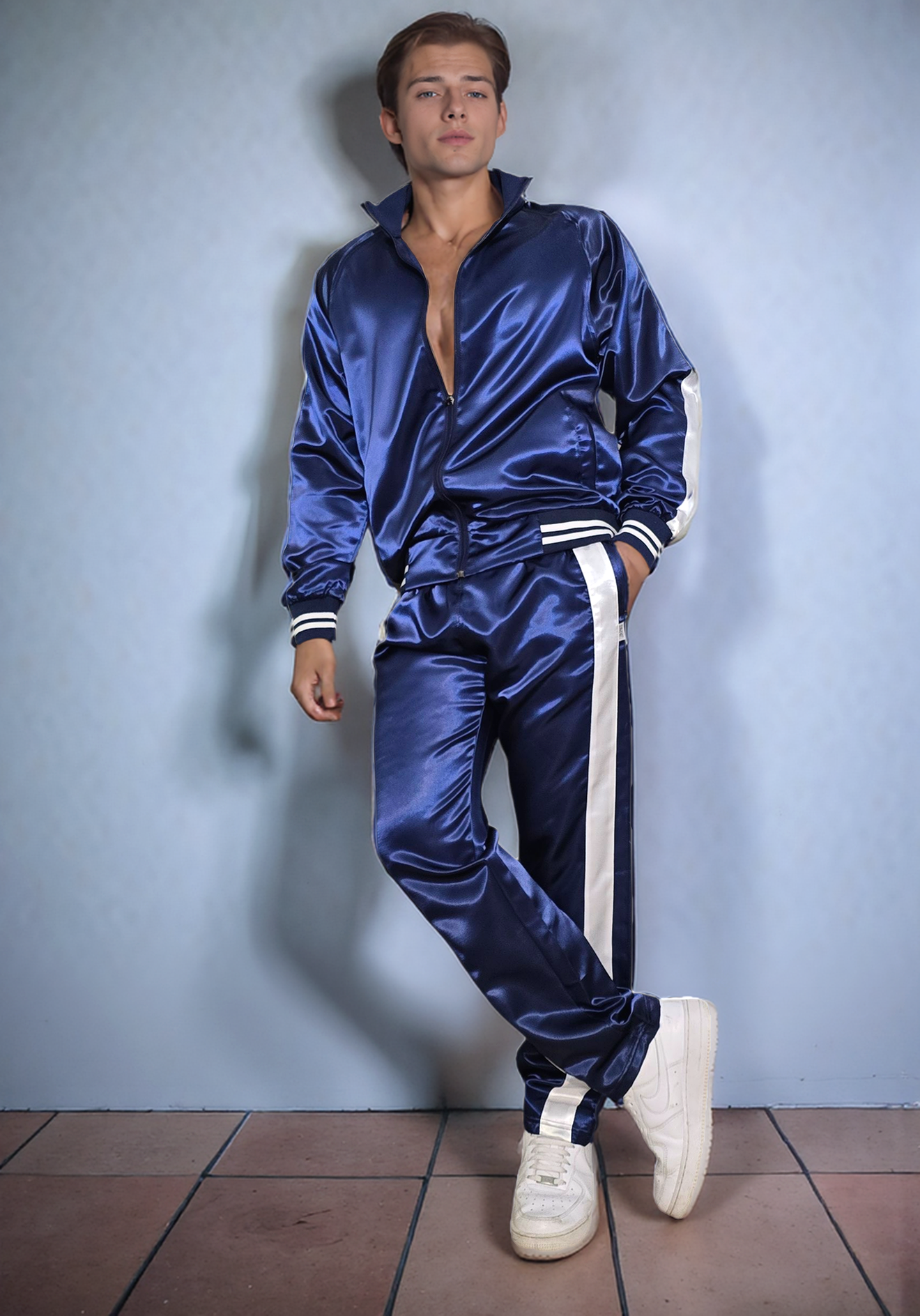 .Navy Blue Satin Sports Jogging Suit with white Stripes.