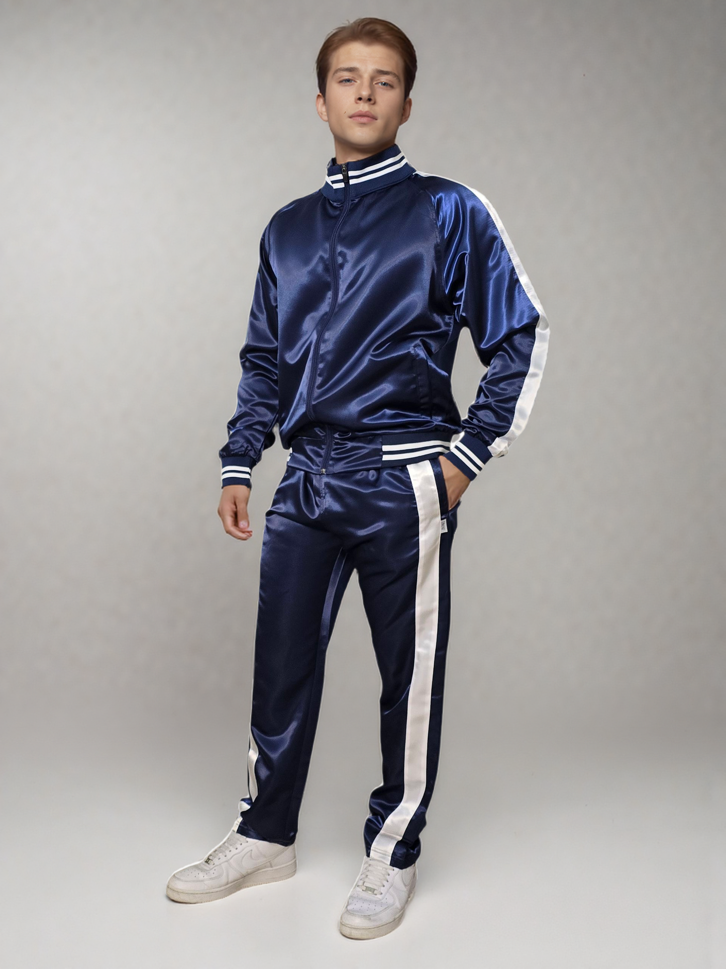.Navy Blue Satin Sports Jogging Suit with white Stripes.