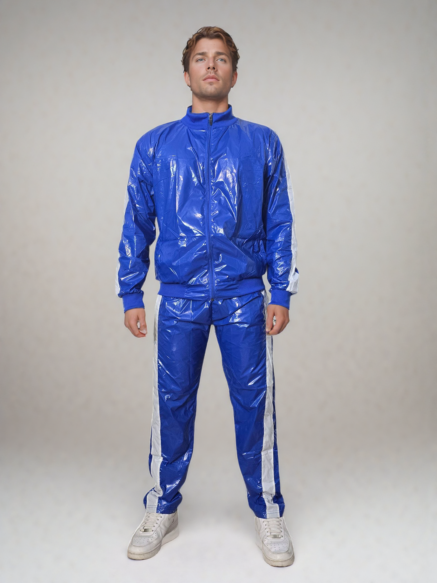 .PU Nylon Tracksuit –Royal Blau,White  Premium Shine Look