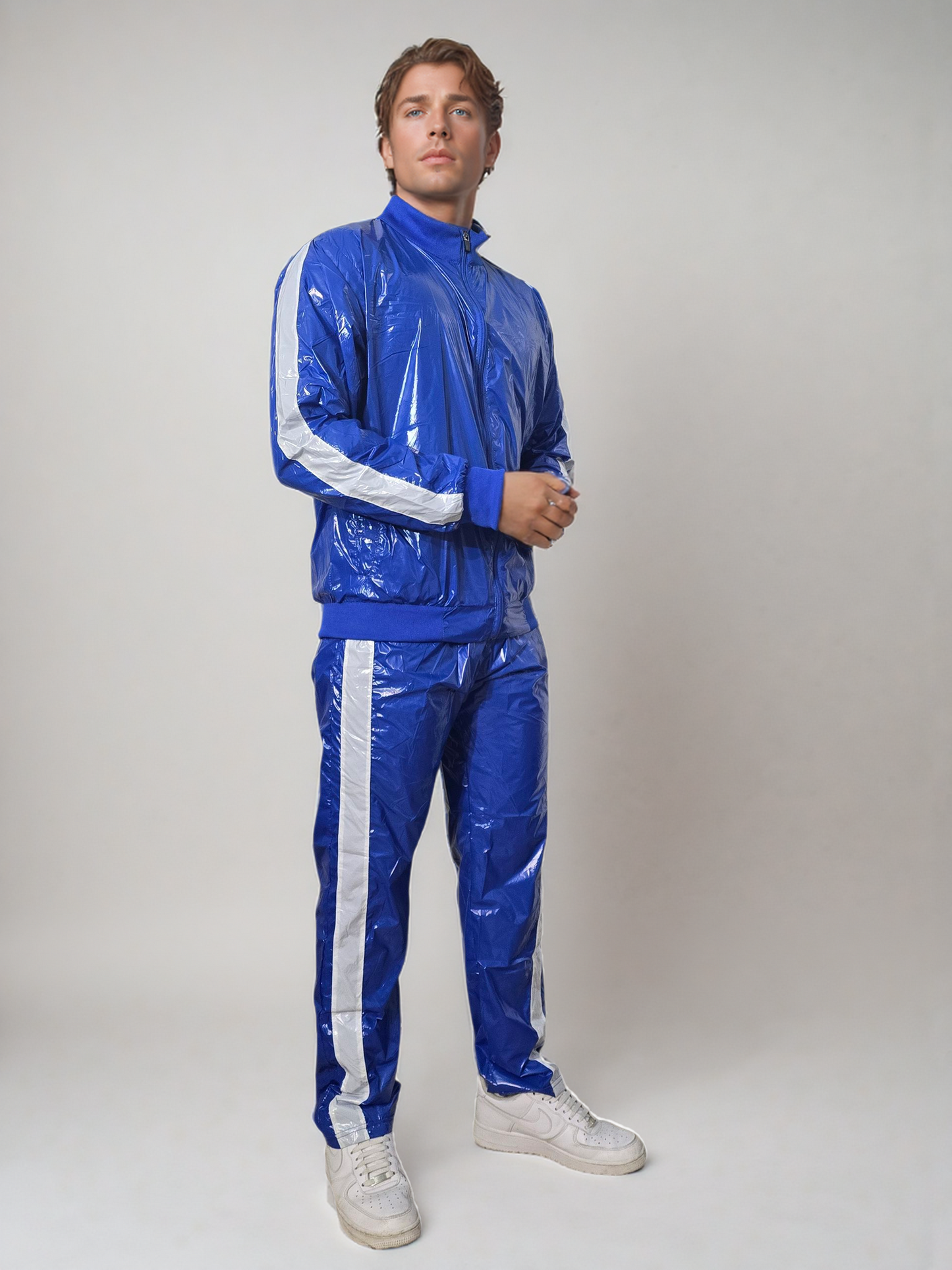 .PU Nylon Tracksuit –Royal Blau,White  Premium Shine Look