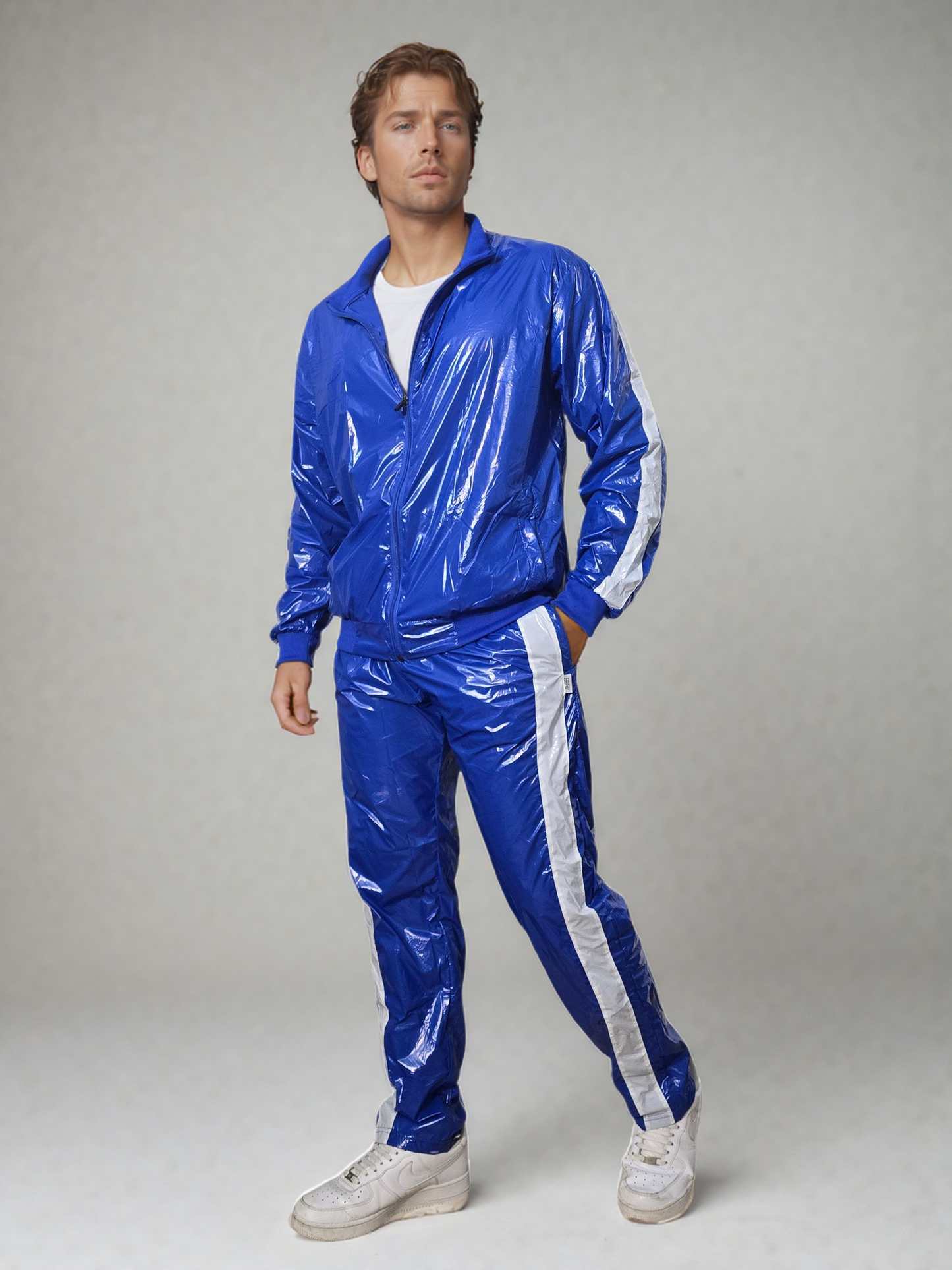 .PU Nylon Tracksuit –Royal Blau,White  Premium Shine Look
