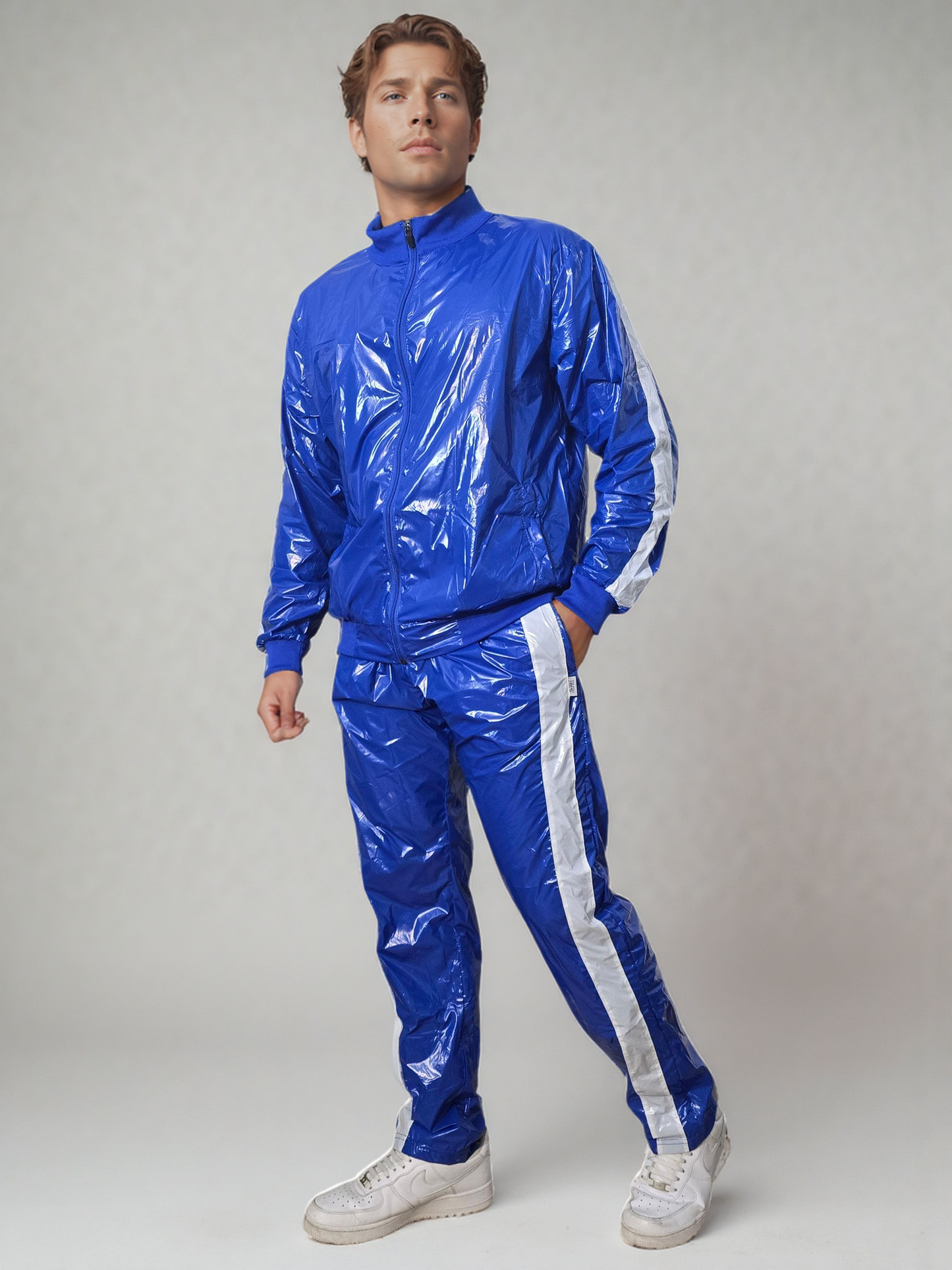 .PU Nylon Tracksuit –Royal Blau,White  Premium Shine Look