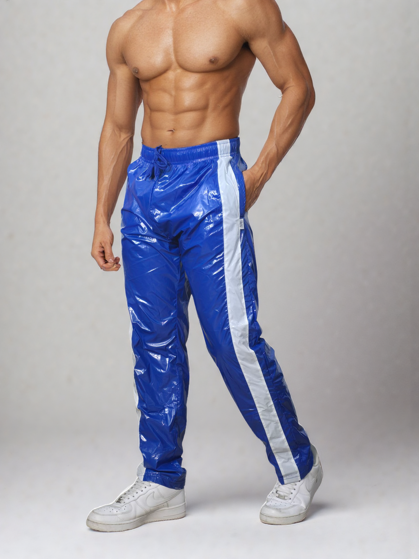 .PU nylon sport jogging pants made of PU gloss nylon white strips