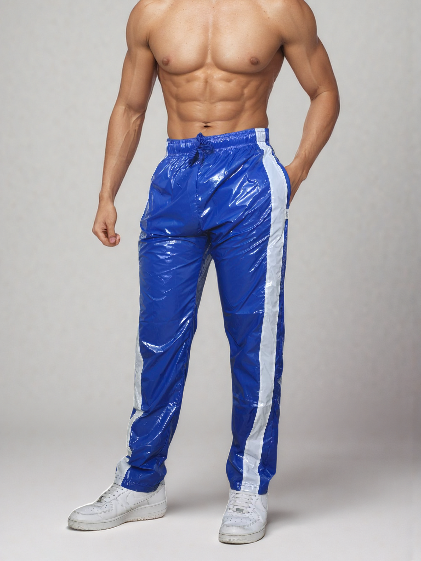 .PU nylon sport jogging pants made of PU gloss nylon white strips