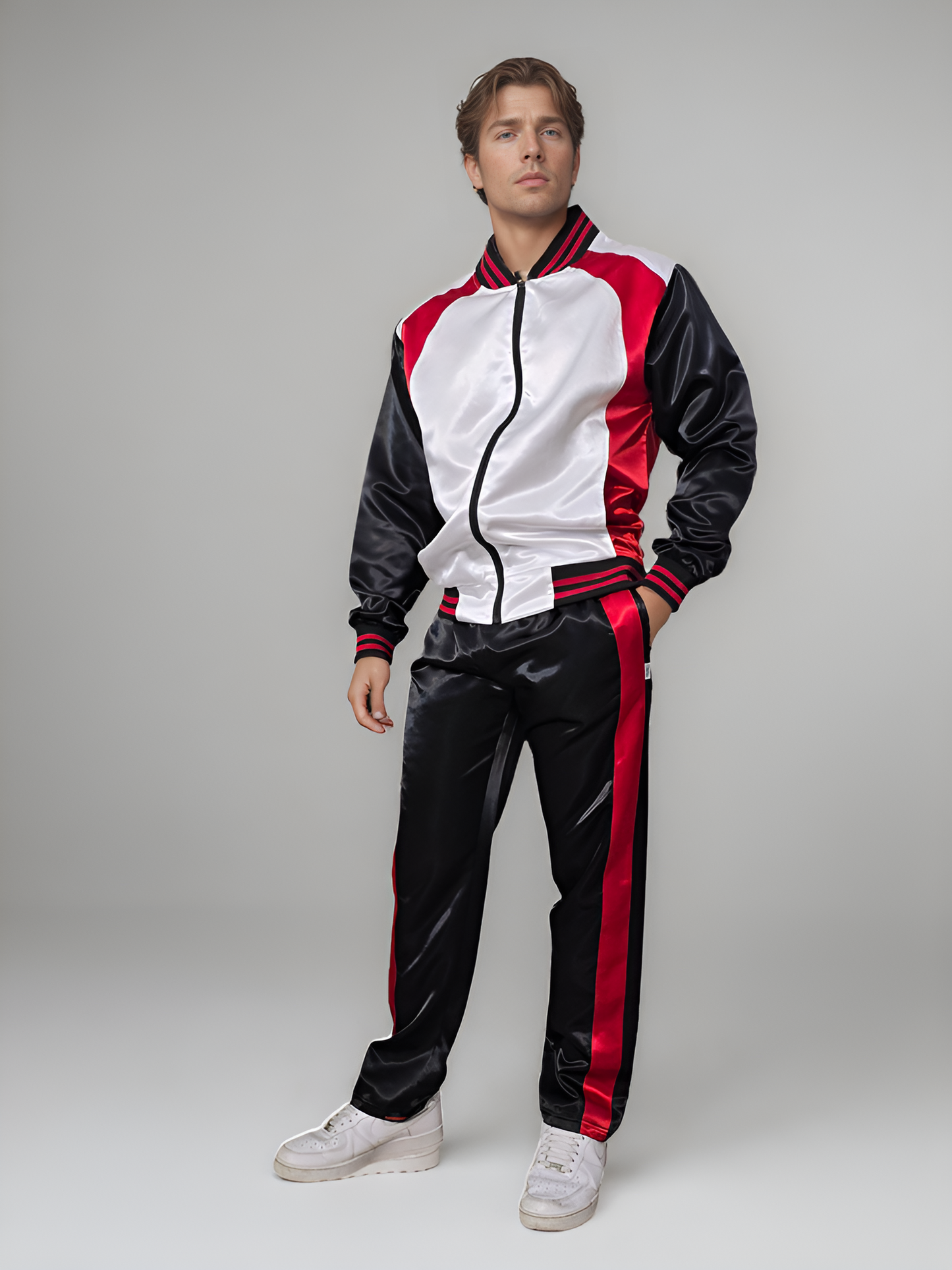 .Zweiteiliger Herren Trainingsanzug | Glänzender Satin Nylon Sportoutfit