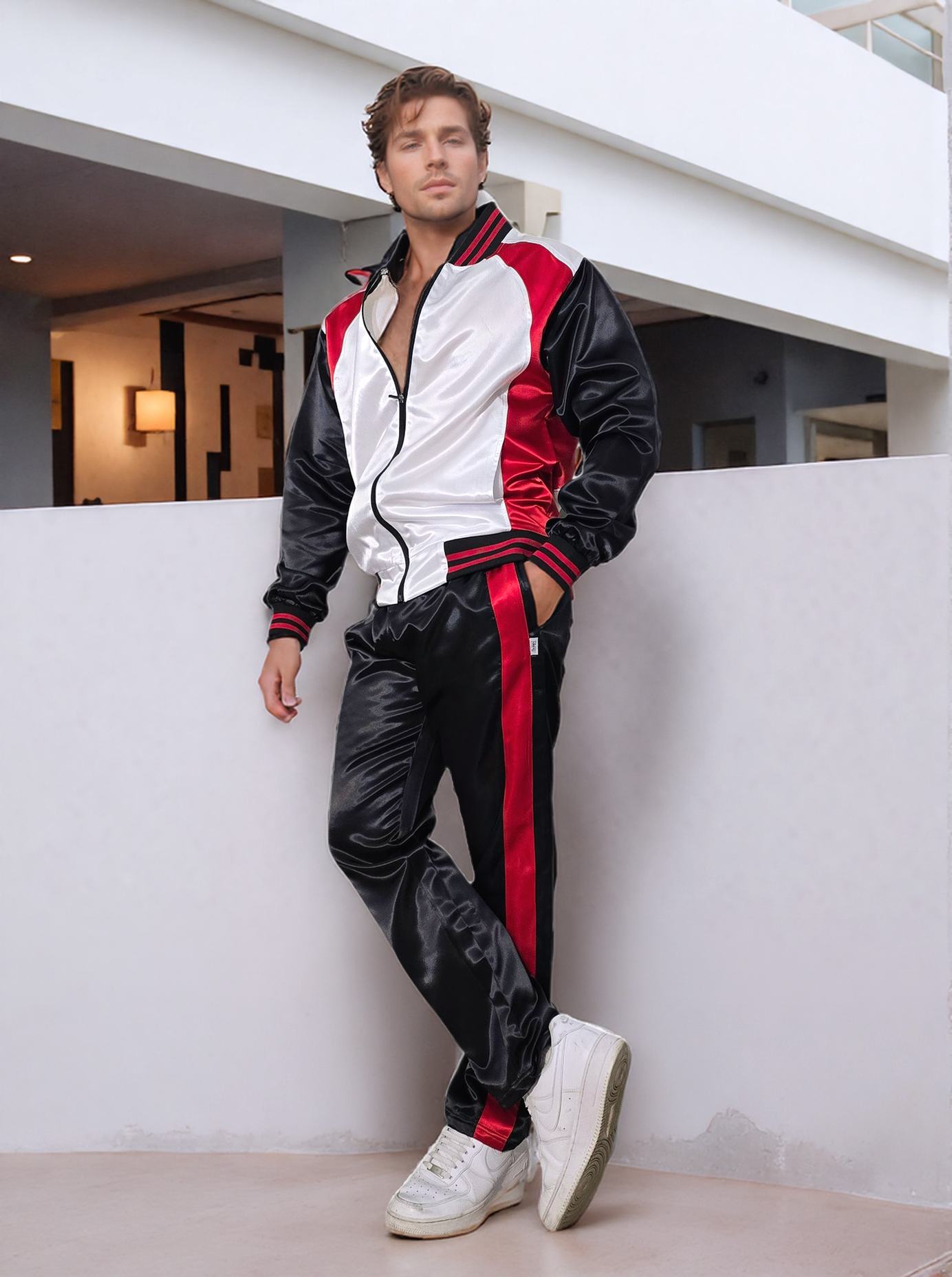 .Zweiteiliger Herren Trainingsanzug | Glänzender Satin Nylon Sportoutfit