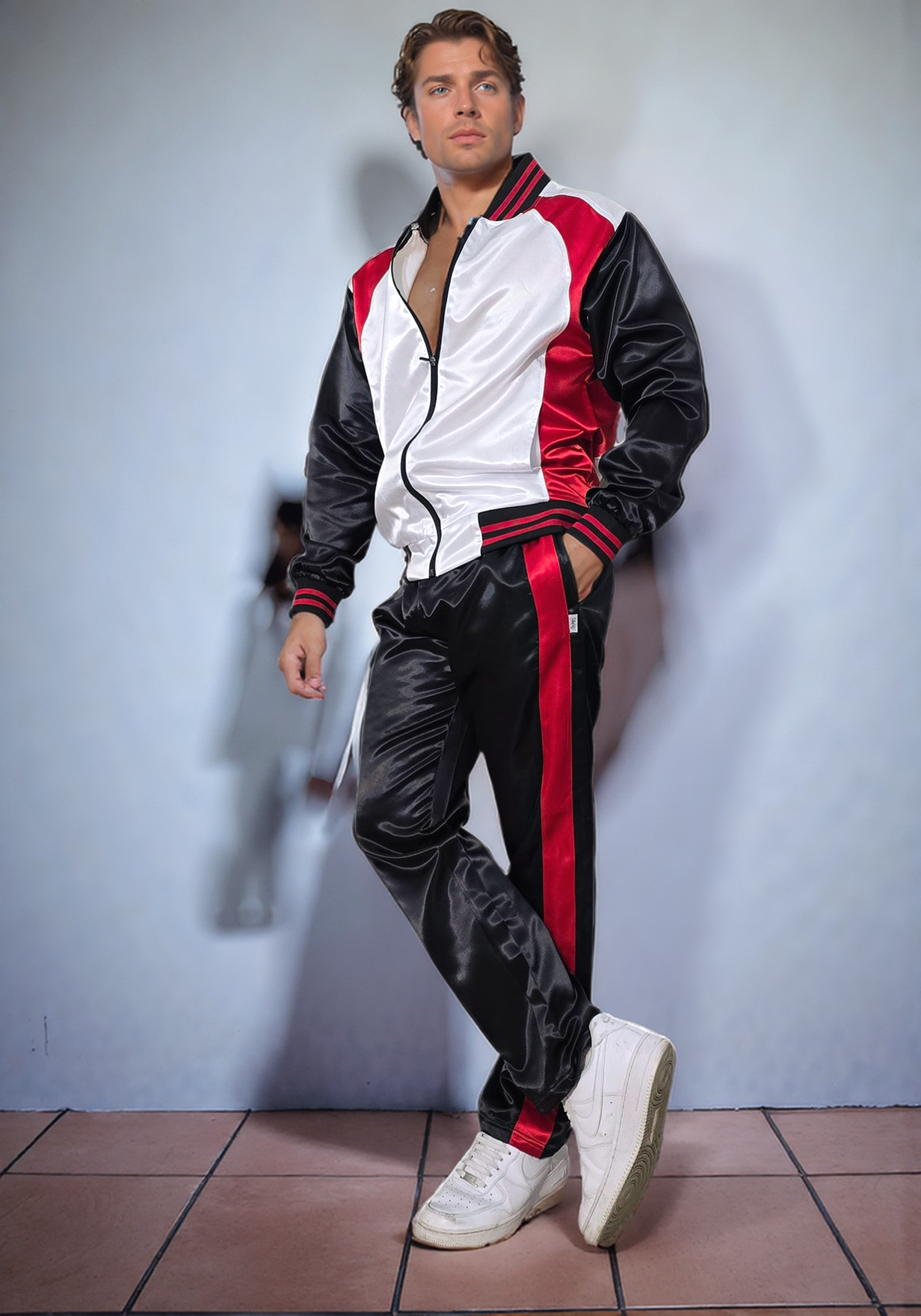 .Zweiteiliger Herren Trainingsanzug | Glänzender Satin Nylon Sportoutfit