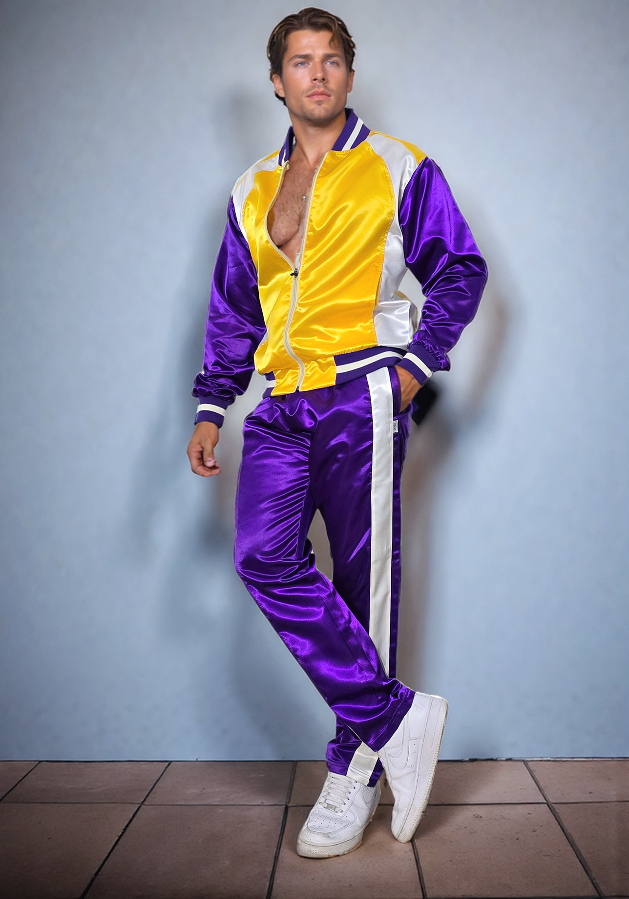 .Zweiteiliger Herren Trainingsanzug | Glänzender Satin Nylon Sportoutfit