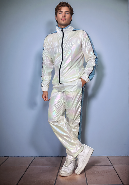PU-Holographic Tracksuit – Weiß mit Sky-Blue and Black Accents