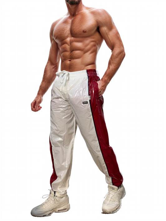 PU nylon sport jogging pants made of PU gloss nylon White / red strips