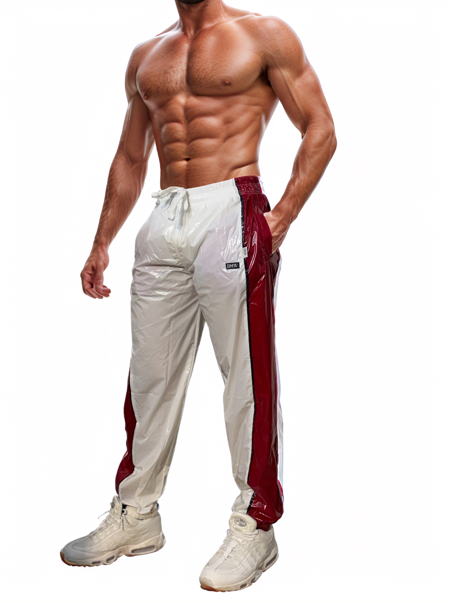 .PU nylon sport jogging pants made of PU gloss nylon White / red strips