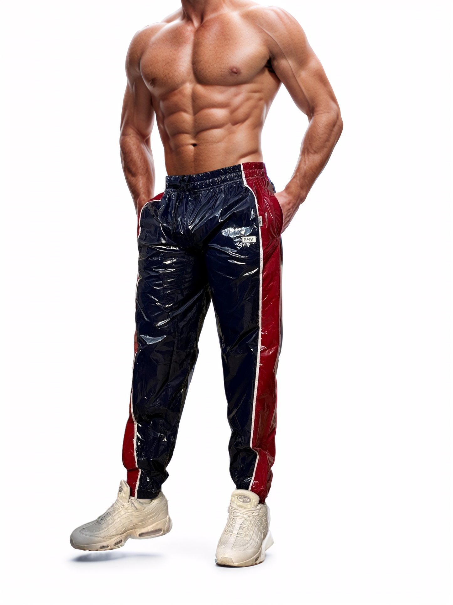 .Navy Blue PU glossy nylon sport jogging pants with Red stripes