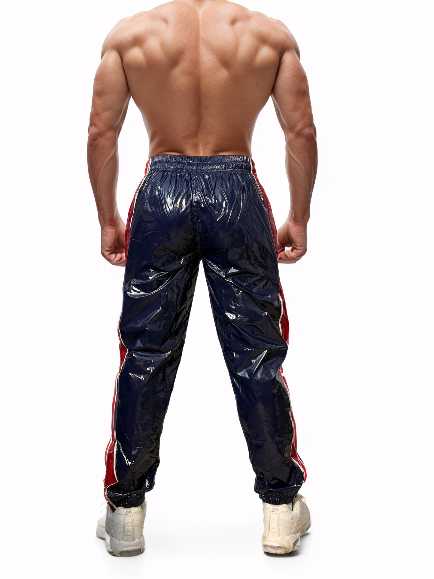 .Navy Blue PU glossy nylon sport jogging pants with Red stripes