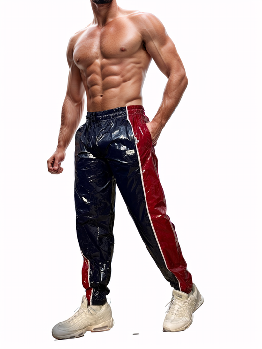 Navy Blue PU glossy nylon sport jogging pants with Red stripes