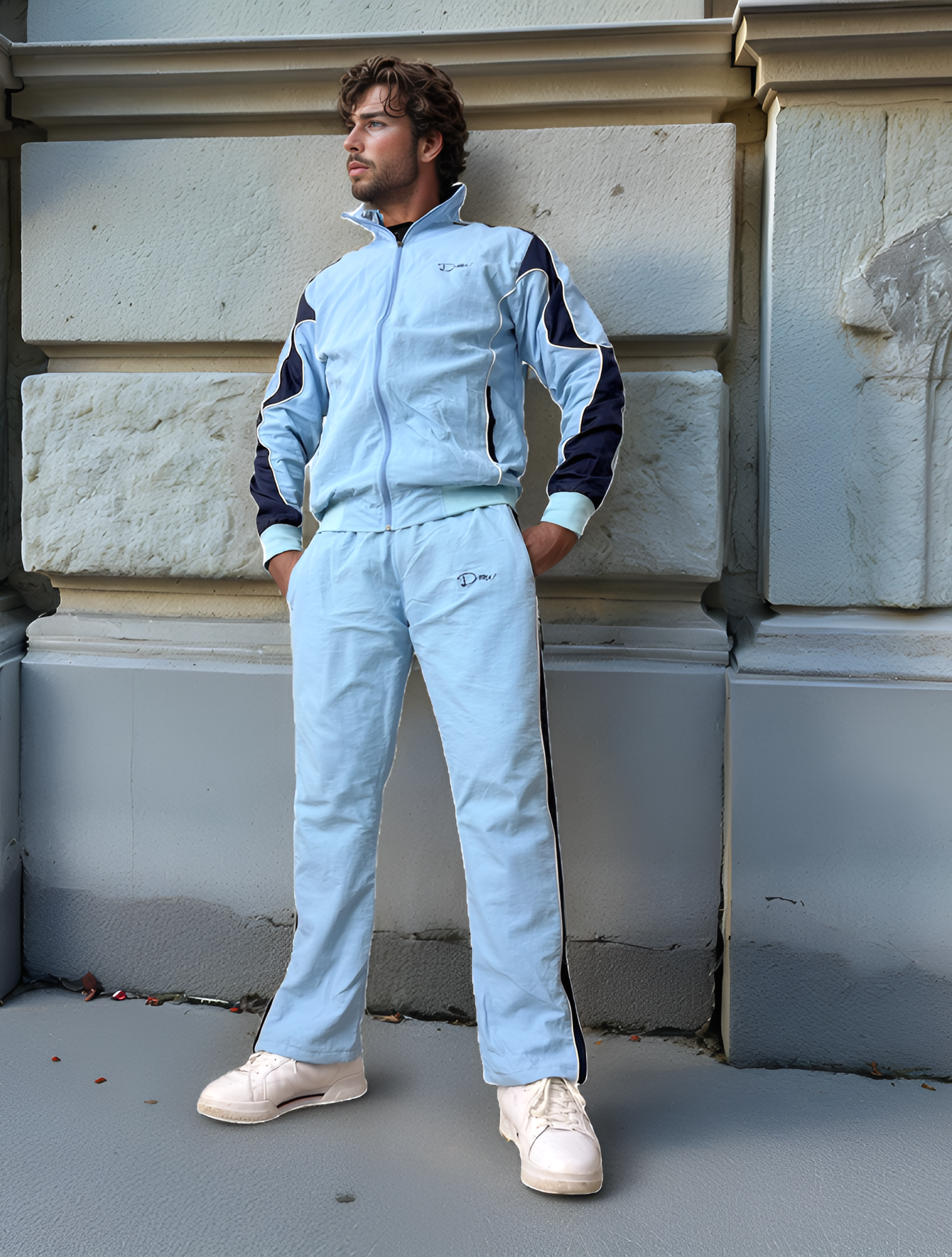 Sky-Blue Crinkle-Polyester Tracksuit with Navy Blue Stripes.