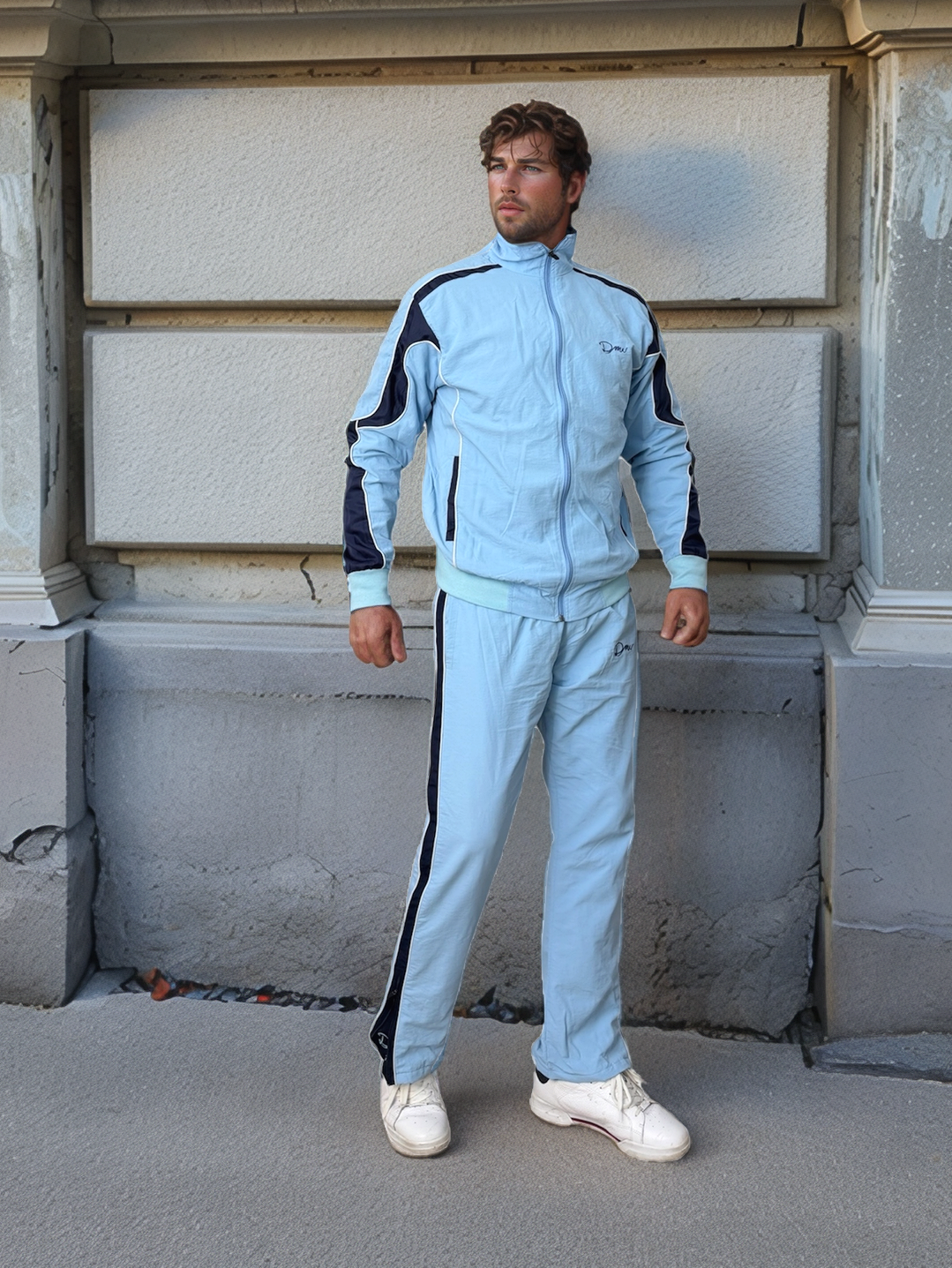Sky-Blue Crinkle-Polyester Tracksuit with Navy Blue Stripes.