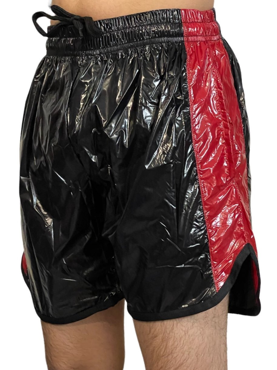 Schwarz Shiny PU Nylon Fitness Shorts, AeroFlex, flexibke sweat Short