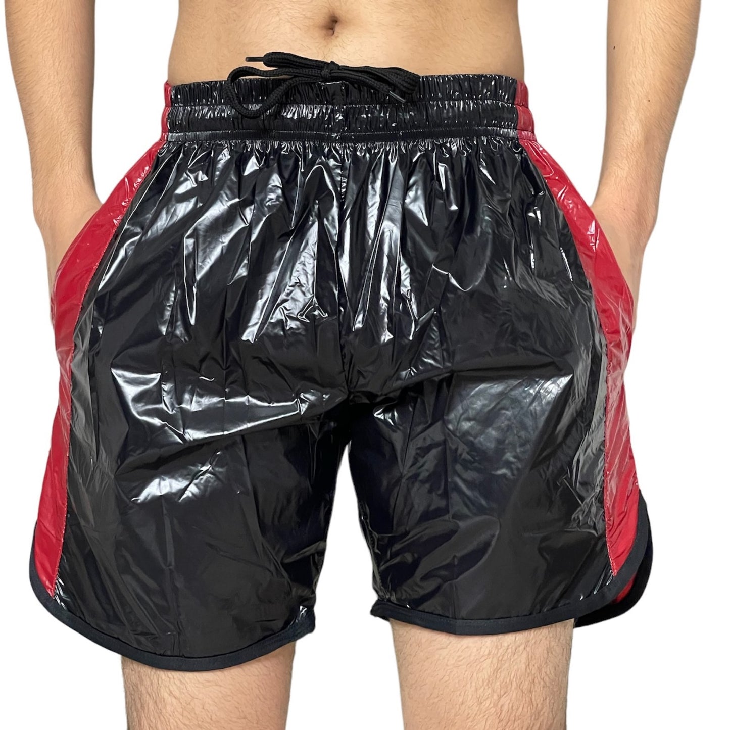 Schwarz Shiny PU Nylon Fitness Shorts, AeroFlex, flexibke sweat Short