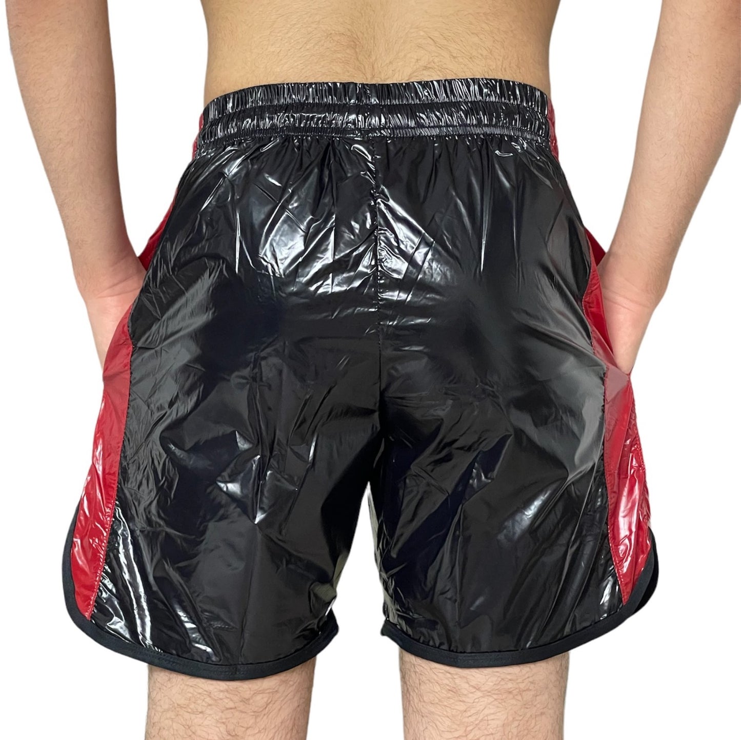Schwarz Shiny PU Nylon Fitness Shorts, AeroFlex, flexibke sweat Short