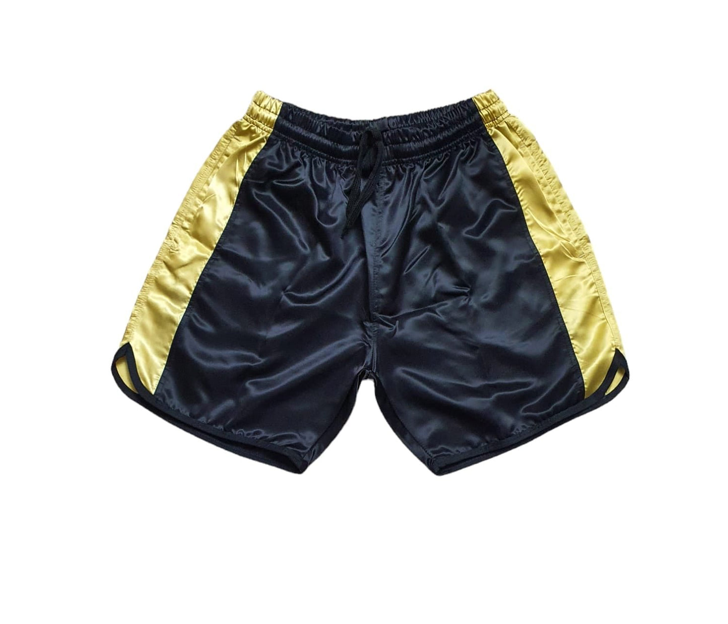 Retro Black Satin Boxing Shorts with Gold Stripes