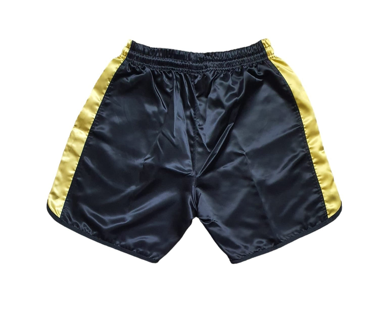 Retro Black Satin Boxing Shorts with Gold Stripes