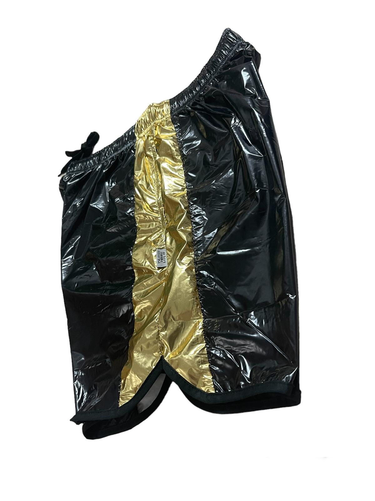 Black PU Nylon Shiny Shorts with Golden Stripes.
