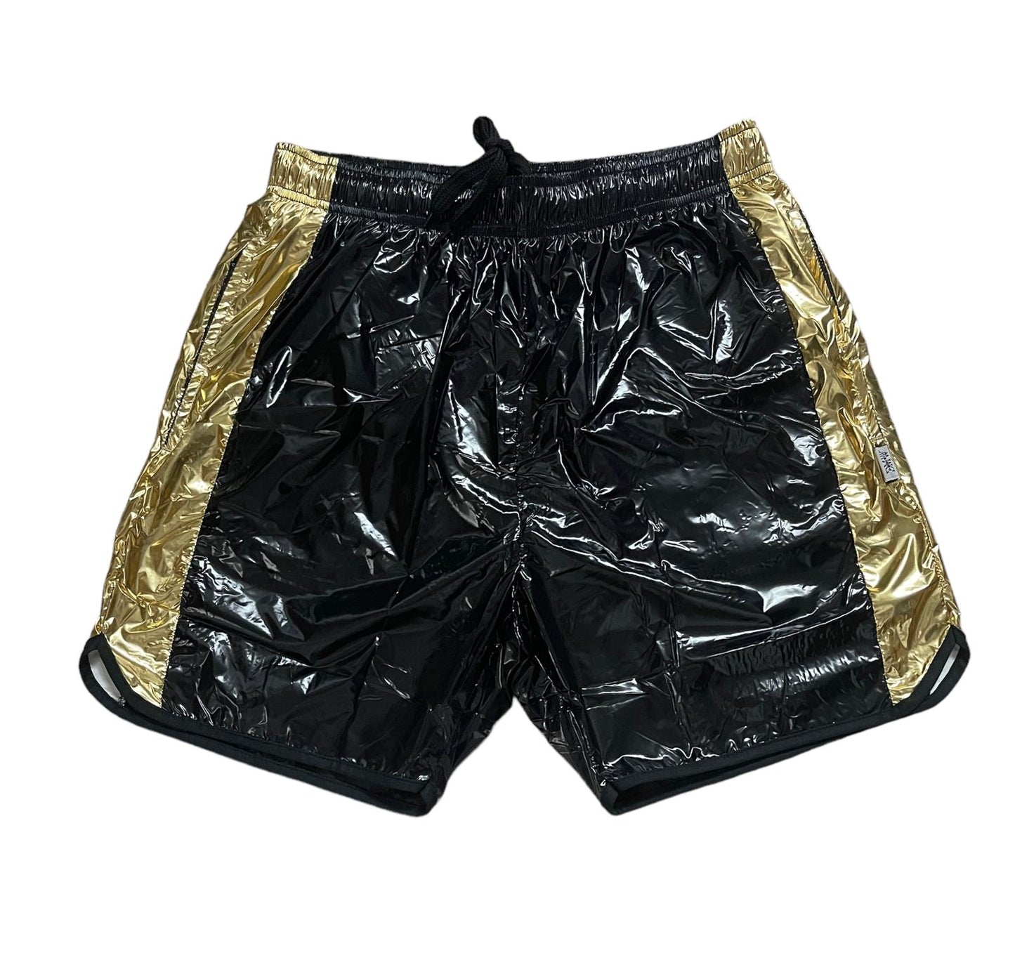 Black PU Nylon Shiny Shorts with Golden Stripes.