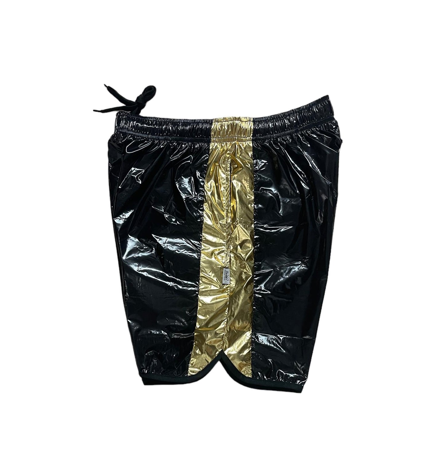 Black PU Nylon Shiny Shorts with Golden Stripes.