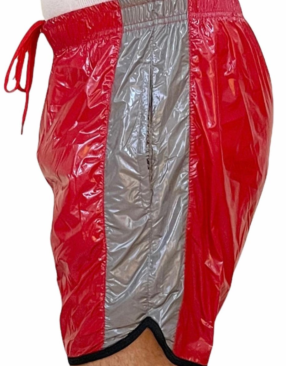 Red Grey Shiny PU Nylon Fitness Shorts, AeroFlex, flexibke sweat Short