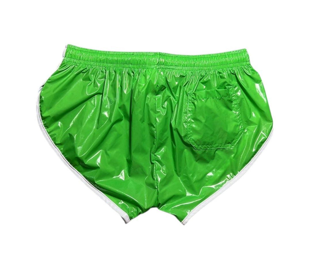 PU Nylon Grün weiß High Cut Sport Sprint Shorts mit Gummizug Retro Shorts