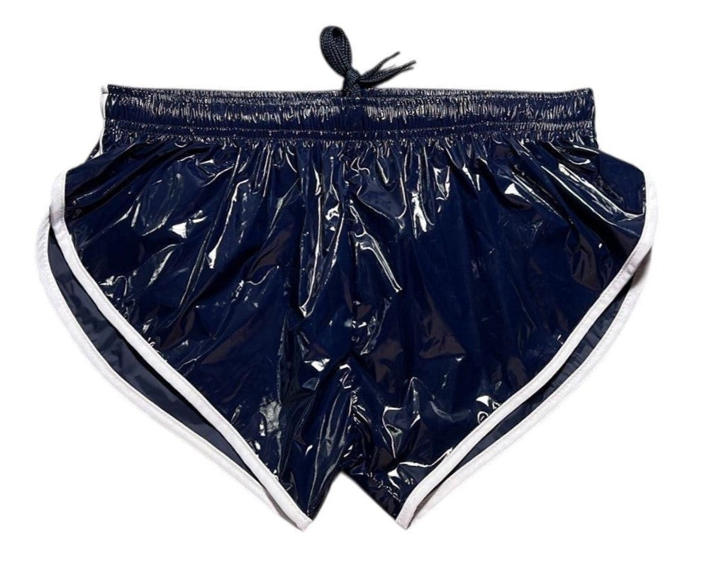 PU Nylon Dunkelblaue High Cut Sport Sprint Shorts mit Gummizug Retro Shorts