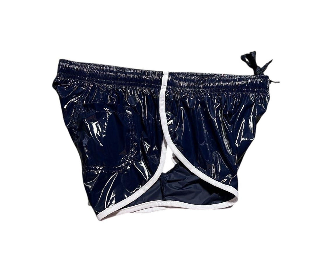 PU Nylon Dunkelblaue High Cut Sport Sprint Shorts mit Gummizug Retro Shorts