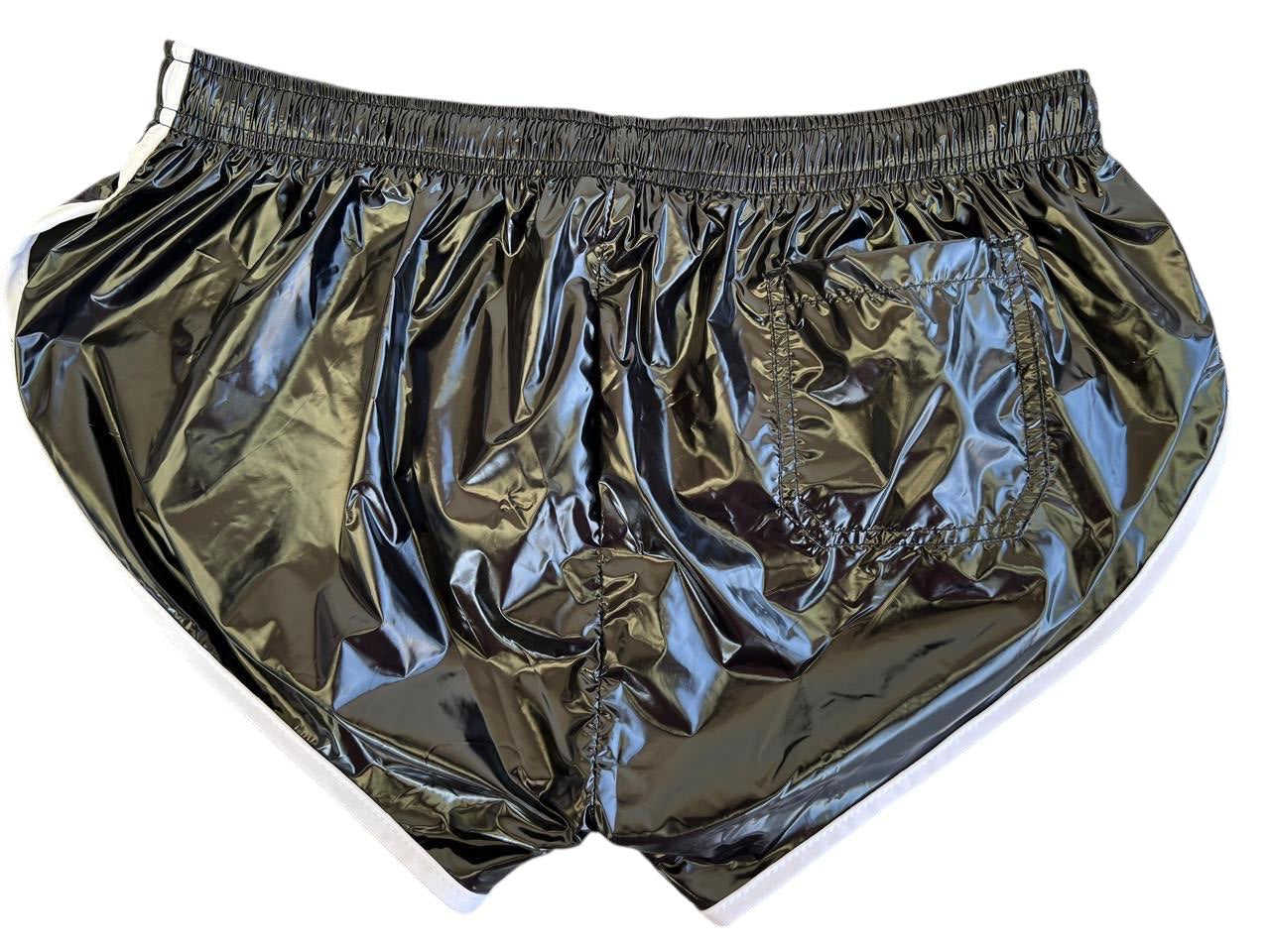 PU Nylon Schwarz weiß High Cut Sport Sprint Shorts mit Gummizug Retro Shorts