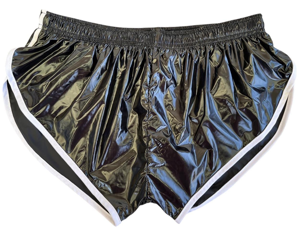 PU Nylon Schwarz weiß High Cut Sport Sprint Shorts mit Gummizug Retro Shorts