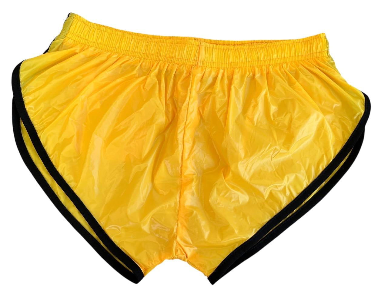 PU Nylon Gelb Schwarz High Cut Sport Sprint Shorts mit Gummizug Retro Shorts