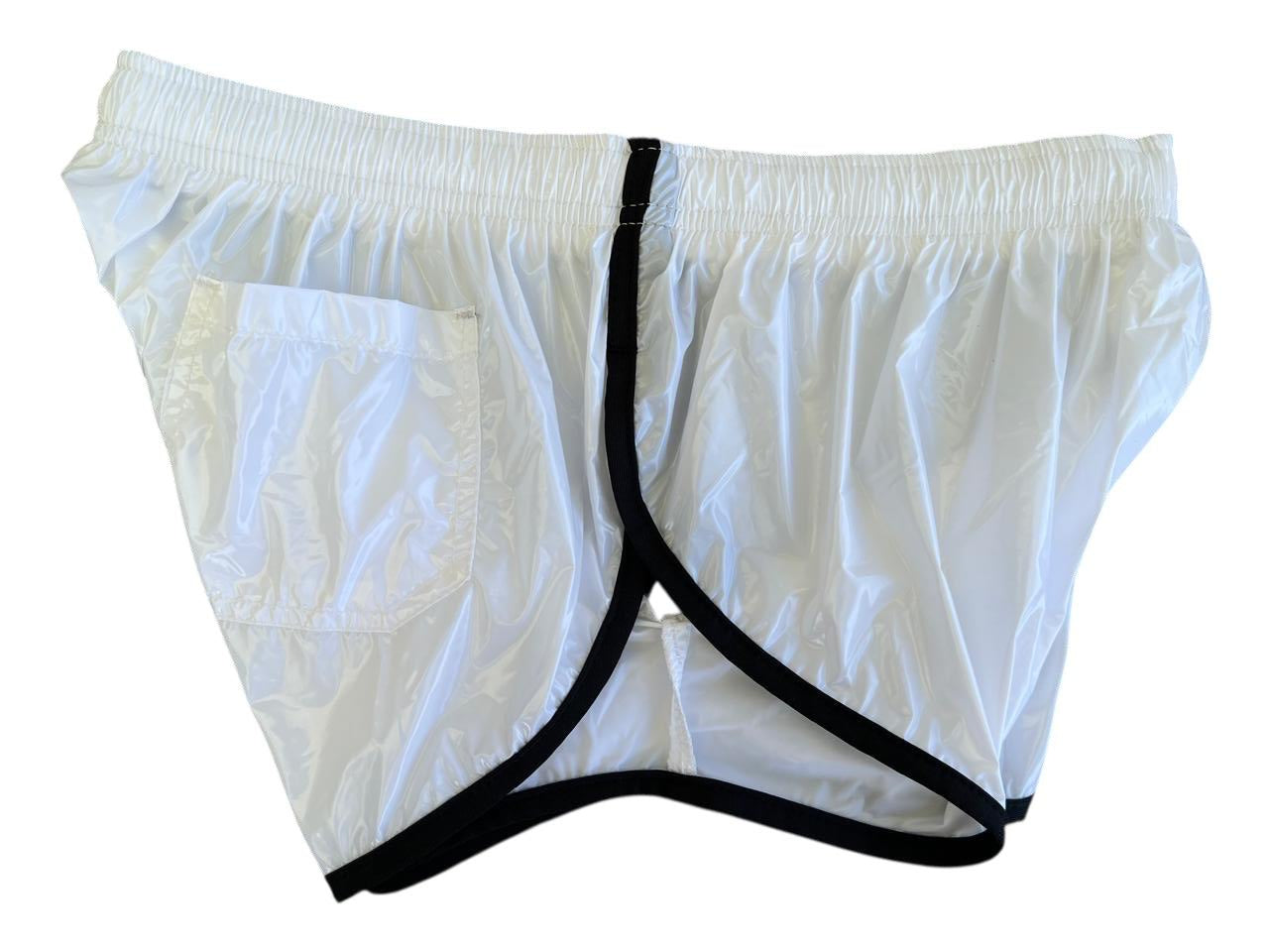 PU Nylon Weiß Schwarz High Cut Sport Sprint Shorts mit Gummizug Retro Shorts