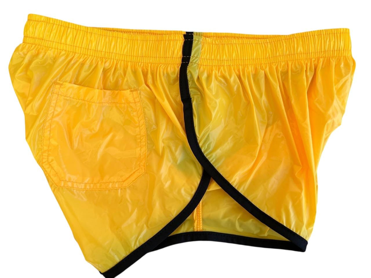 PU Nylon Gelb Schwarz High Cut Sport Sprint Shorts mit Gummizug Retro Shorts