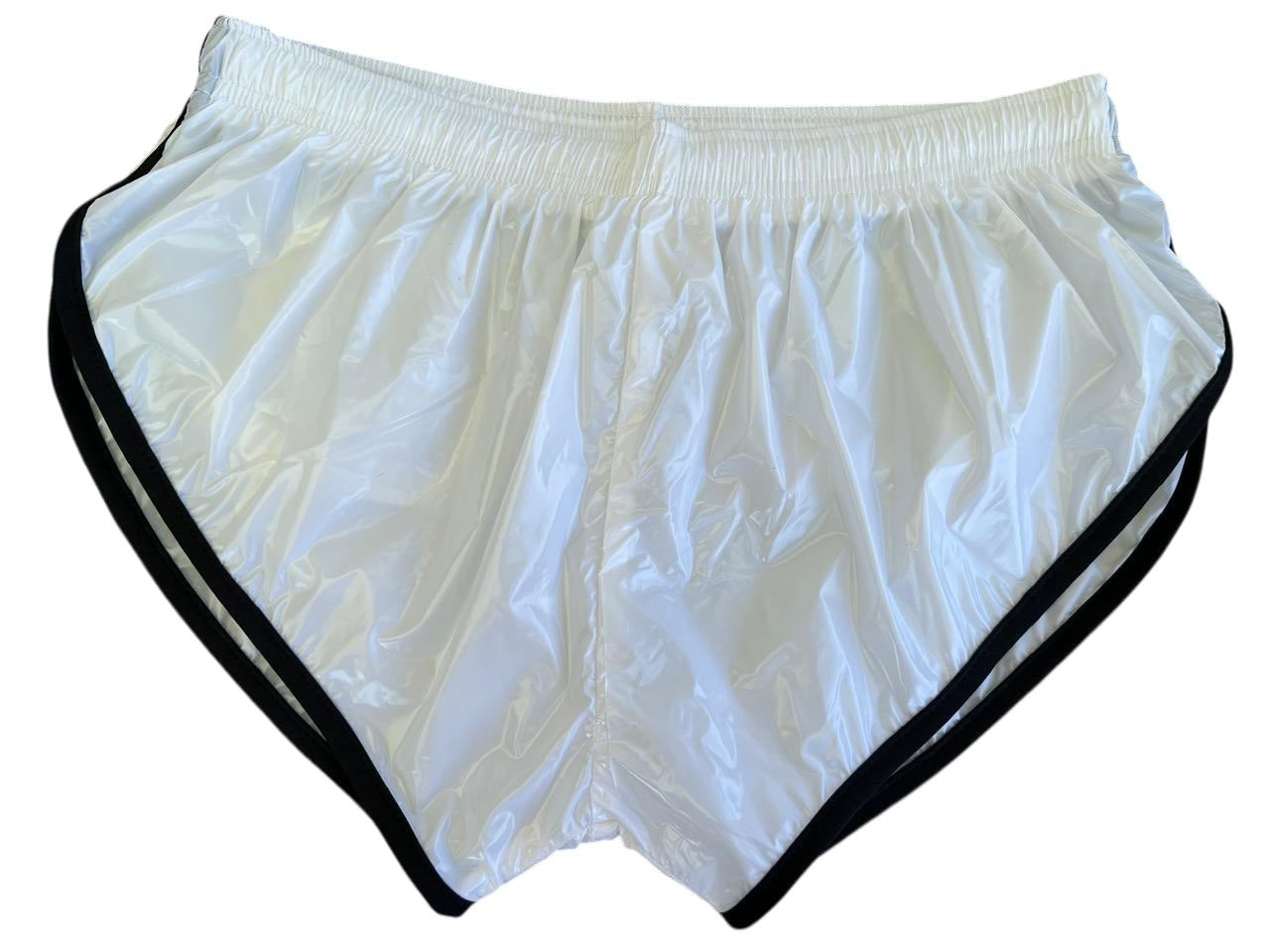 PU Nylon Weiß Schwarz High Cut Sport Sprint Shorts mit Gummizug Retro Shorts