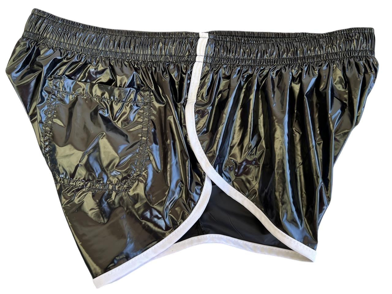 PU Nylon Schwarz weiß High Cut Sport Sprint Shorts mit Gummizug Retro Shorts