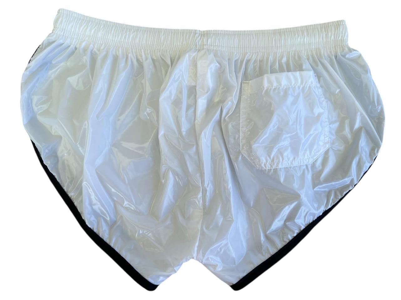 PU Nylon Weiß Schwarz High Cut Sport Sprint Shorts mit Gummizug Retro Shorts