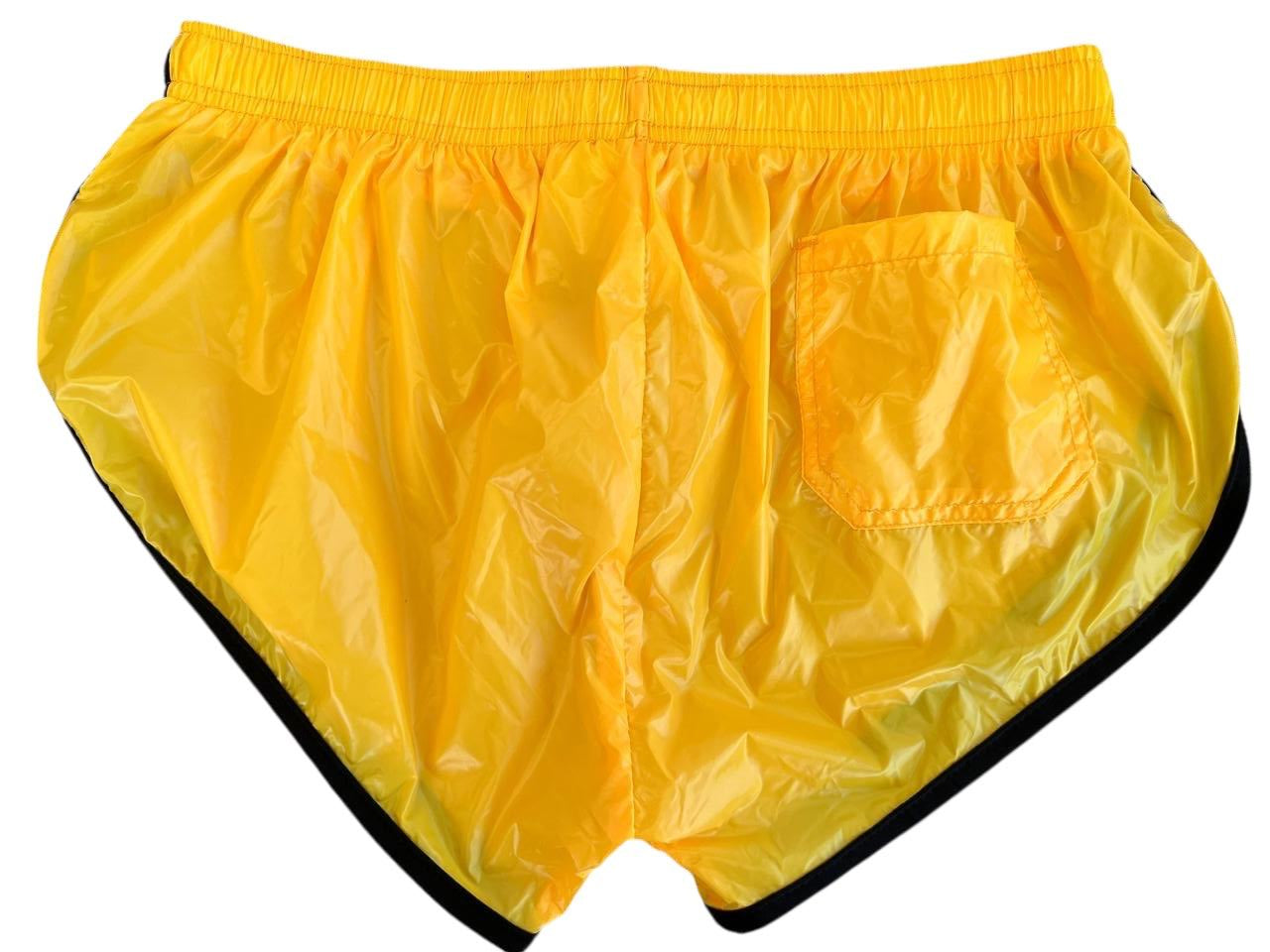 PU Nylon Gelb Schwarz High Cut Sport Sprint Shorts mit Gummizug Retro Shorts