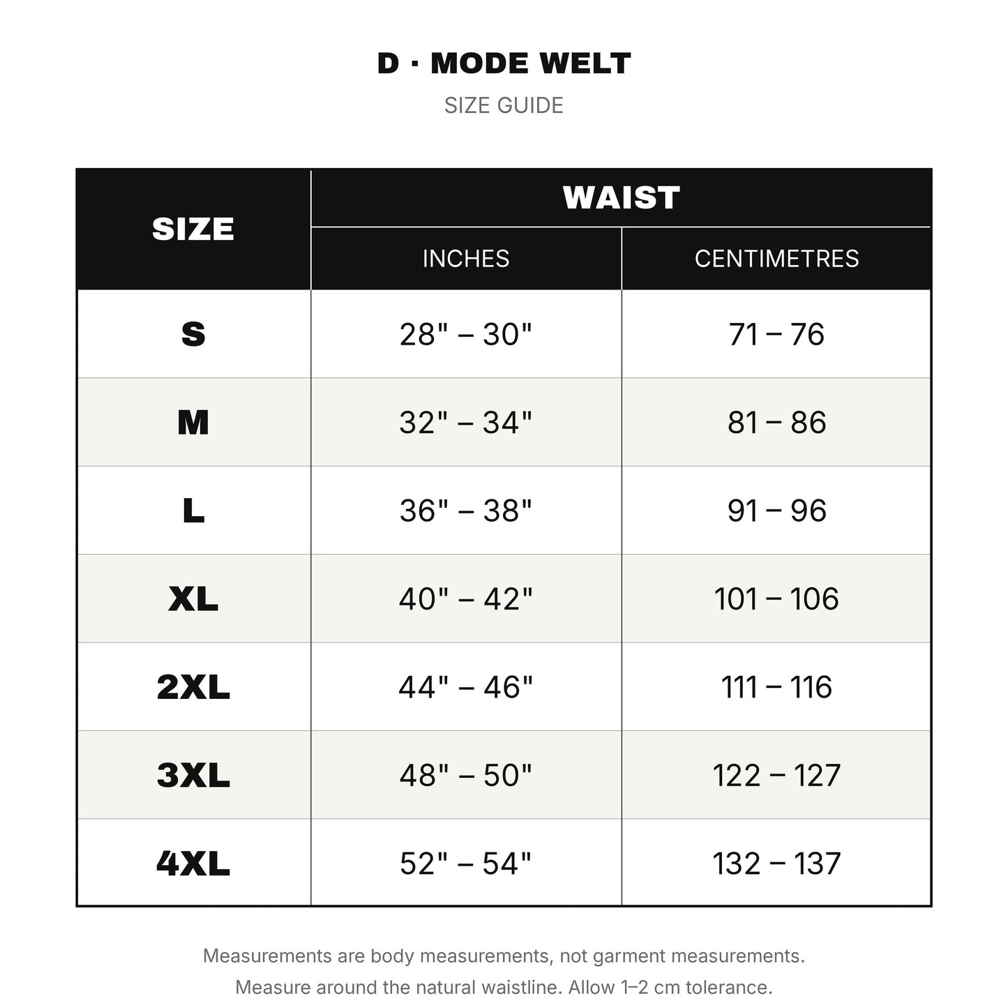 D-Mode Welt size guide: waist measurements in inches and centimetres, sizes S to 4XL