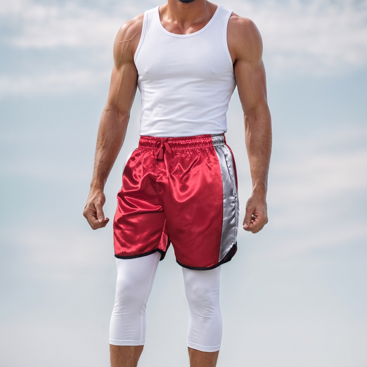 Glossy red sports shorts with grey side stripes