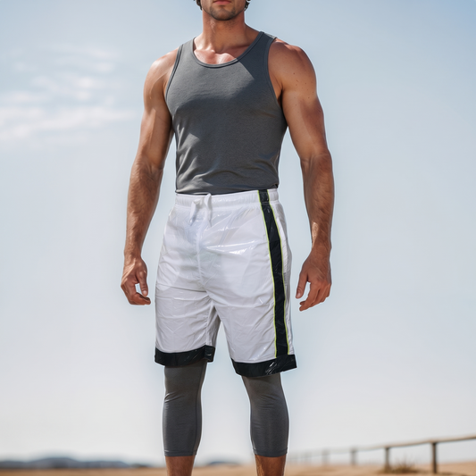 White shiny PU nylon fitness shorts, AeroFlex