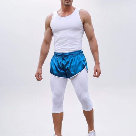 Retro nylon satin shorts in vibrant blue with high side cut