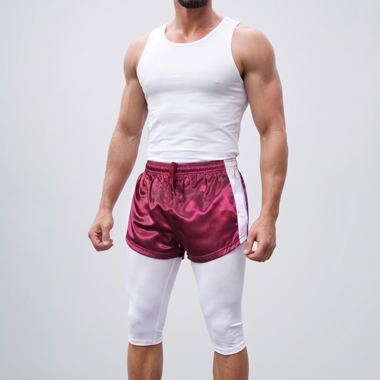 Glossy wine red satin shorts with white side stripe