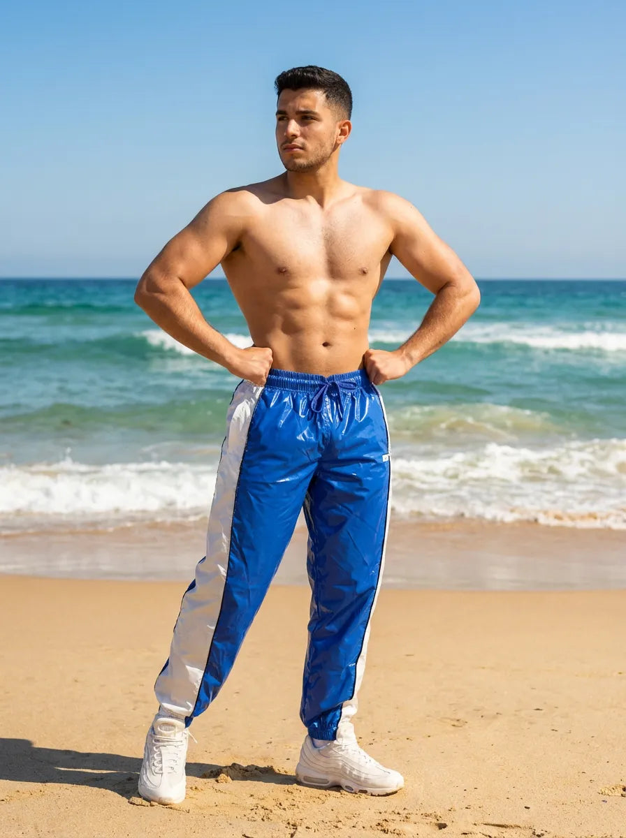 .PU nylon sport jogging pants made of PU gloss nylon Royal Blau ,White  strips