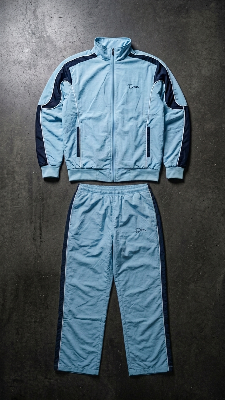 Sky-Blue Crinkle-Polyester Tracksuit with Navy Blue Stripes.