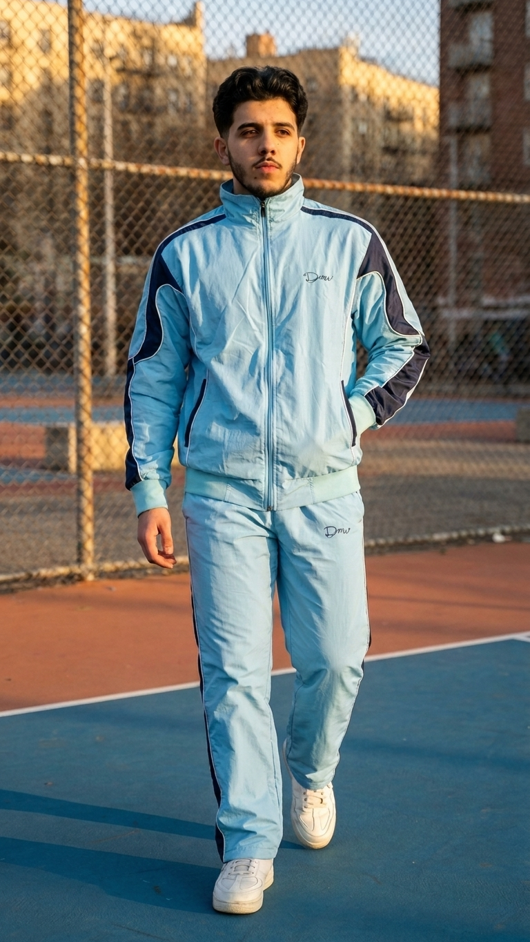 Sky-Blue Crinkle-Polyester Tracksuit with Navy Blue Stripes.
