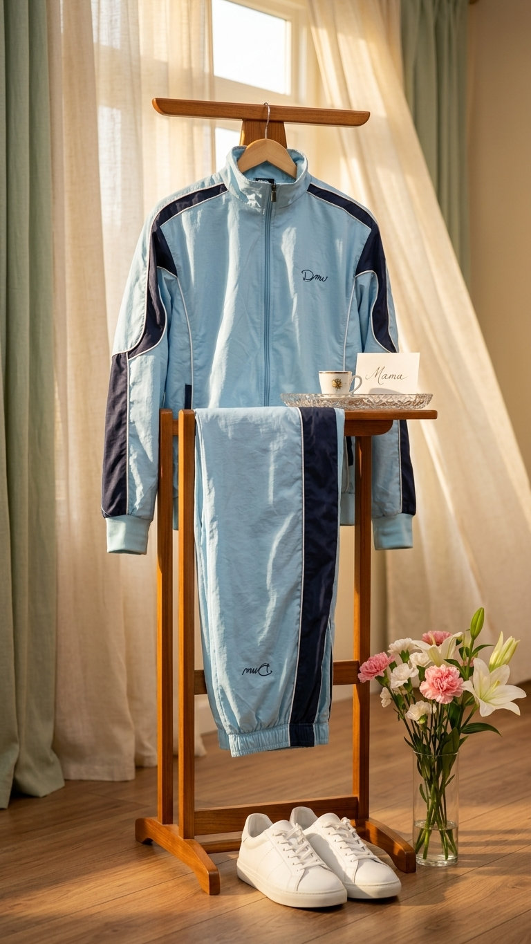 Sky-Blue Crinkle-Polyester Tracksuit with Navy Blue Stripes.